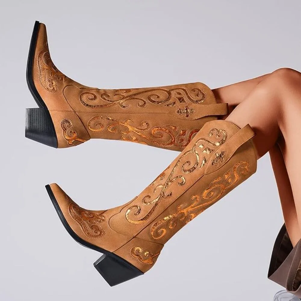 Cowgirl Mid Calf Floral Embroidery Pointed Toe Chunky Boots